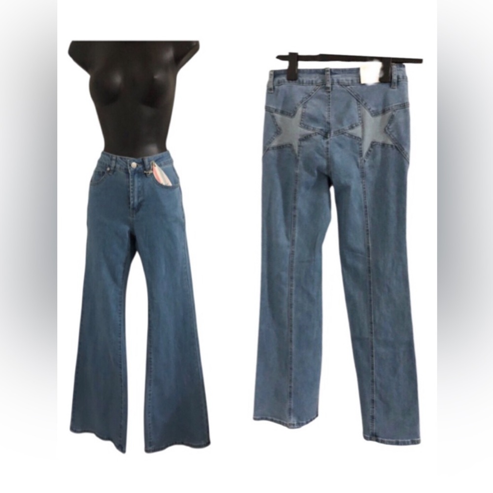 Wide leg star back detail boho coachella festival look jeans size 1/25 brand new